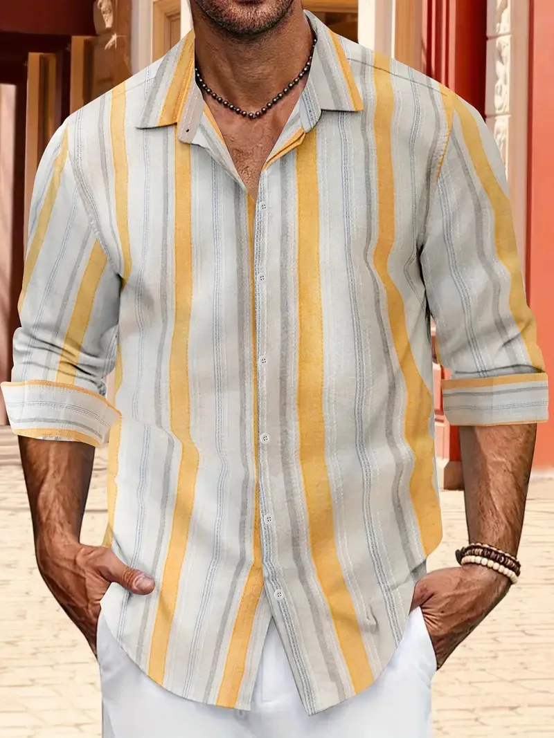 

New men's long sleeved striped shirt fashionable single breasted lapel shirt men's casual long sleeved shirt top