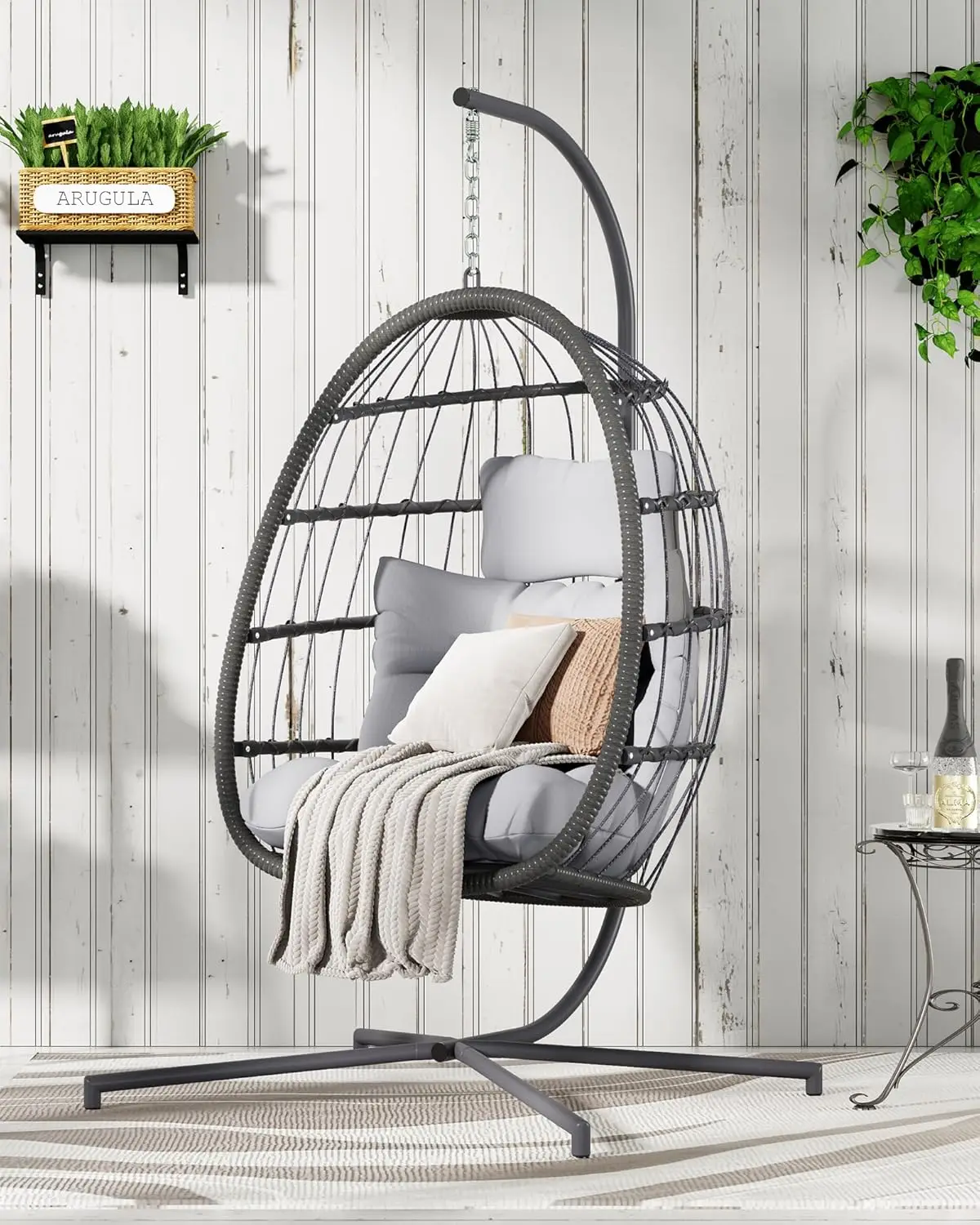 Hanging Egg Chair with Stand, Patio Wicker Hammock Egg Swing Chair with Cushion for Bedroom Garden Indoor Outdoor (Grey)