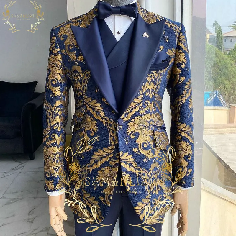 

2023 Newest Luxury Gold Floral Navy Blue Men Suits 3 Pieces Groom Smoking Tuxedos Jacket Wedding Suits For Men Best Man Blazer