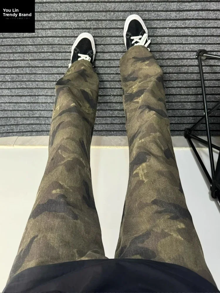 

American Camouflage Flared Jeans Men's Thiened Fce Retro High Street Vibe Slim Straight Workwear Trousers