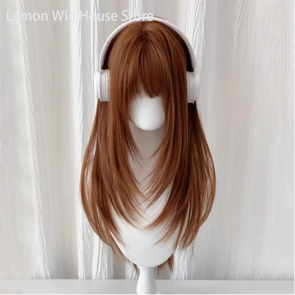 Orange Brown Wig with Bangs Long Straight Hair High-Layered Lolita Wigs for Women's Daily Party Synthetic Hair Heat Resistant