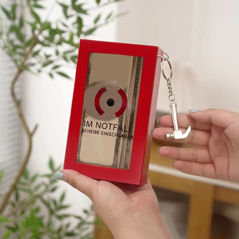Unieke transparante spaardoos, rood hout voor kinderen en volwassenen.