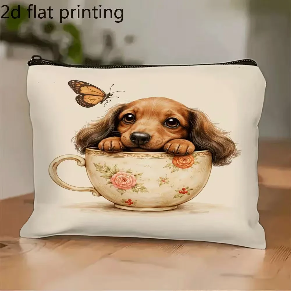 2D Print Teacup Dog & Butterfly Makeup Bag, Double-Sided Design, Durable Fade-Resistant Zipper Cosmetic Toiletry Pouch