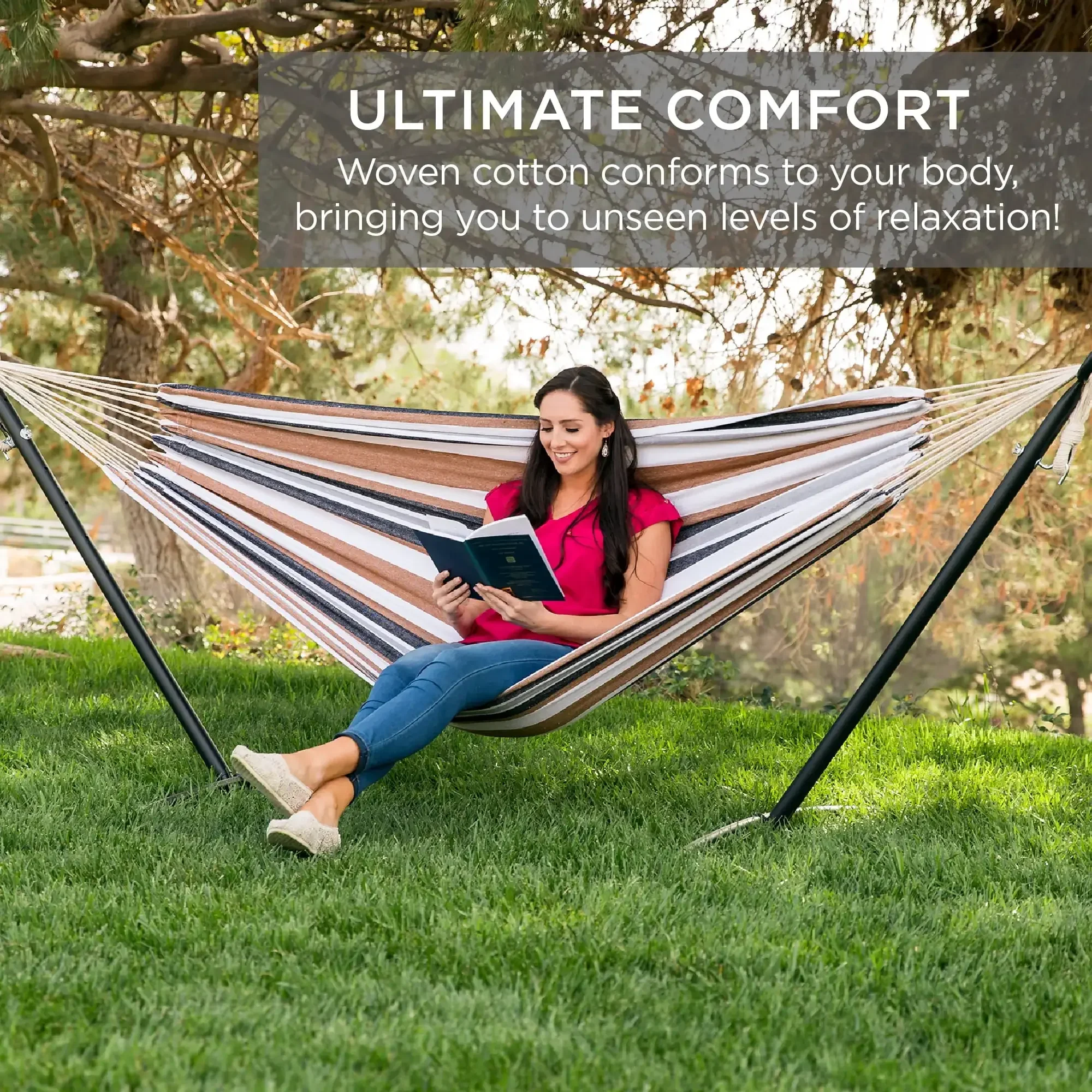 2-Person Cotton Hammock with Space Saving Steel Stand Garden Yard Outdoor 450lb Capacity, Desert Stripes