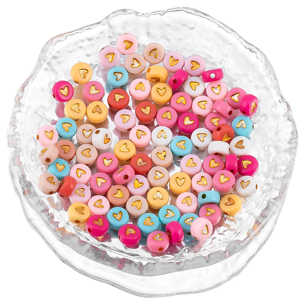 

50Pcs 7mm Mix Color Acrylic Round Loose Beads Heart Pattern Charms Bracelet Connectors Diy Jewelry Making Accessories Wholesale