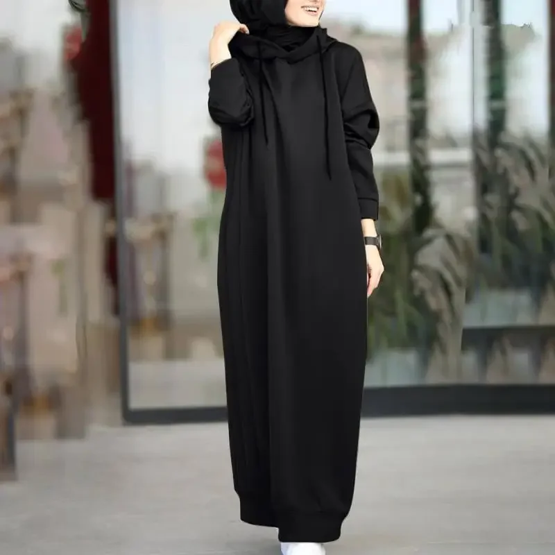 Muslim Dress Autumn/Winter Women's Sweatshirt Fashion Hooded Long Sleeve Long Dress Casual Solid Color Hooded Tank Top Robe