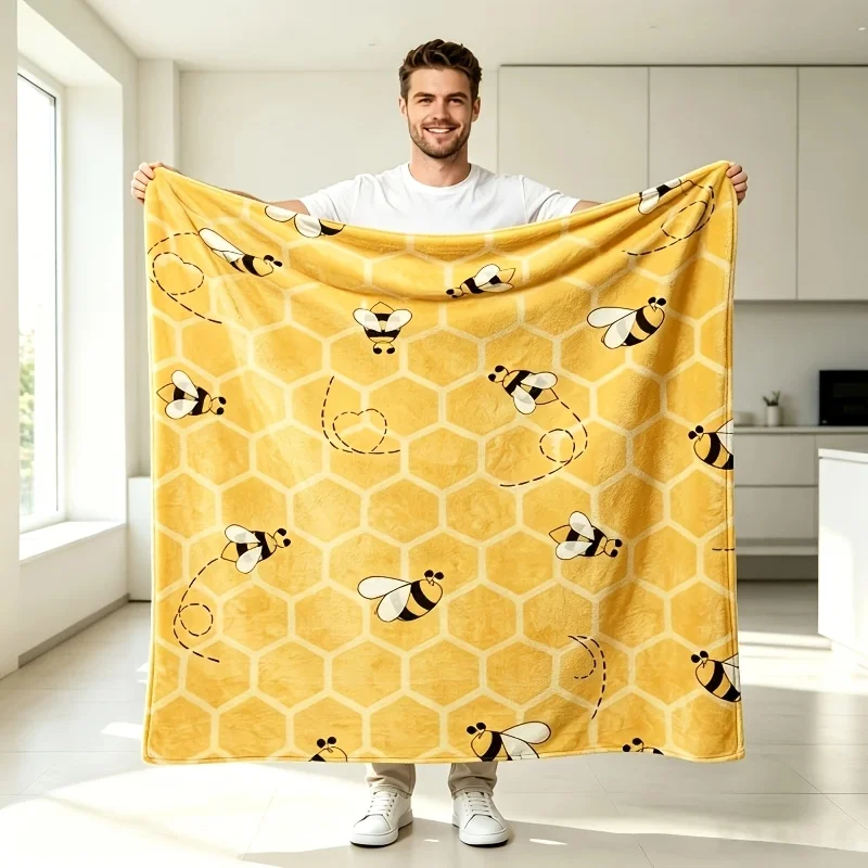 Decorative Yellow Bee Honeycomb Knit Fleece Throw Blanket for Sofa Couch Living Room Home Decor Cozy Gift