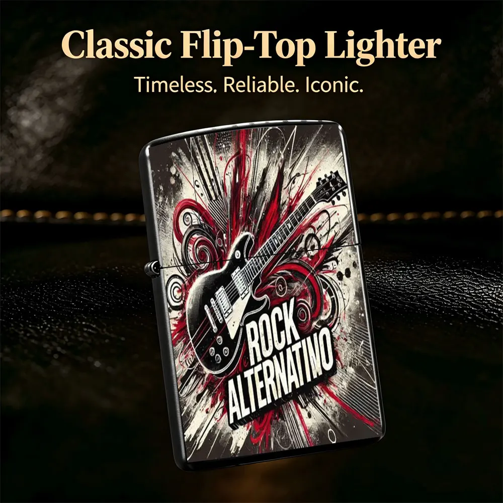 Pocket Lighter - Windproof Flip-Top Lighter with Vintage Guitar Poster Art on a Grungy Background, Compact Portable Design, Comfortable Easy-Grip Body, Refillable Butane Lighter for Outdoor Camping and Daily Use