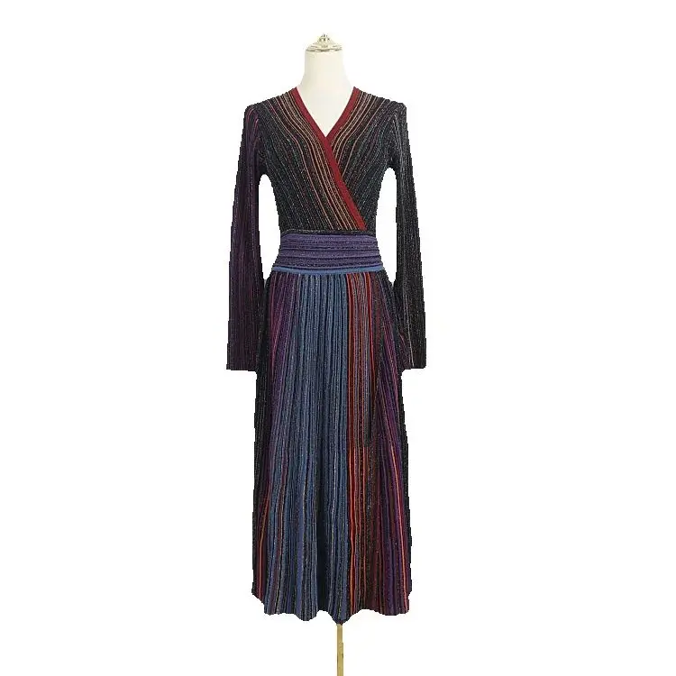

High Quality Women V Neck Metallic Sequined Embellished Striped Waist Pleated Long Knit Dress