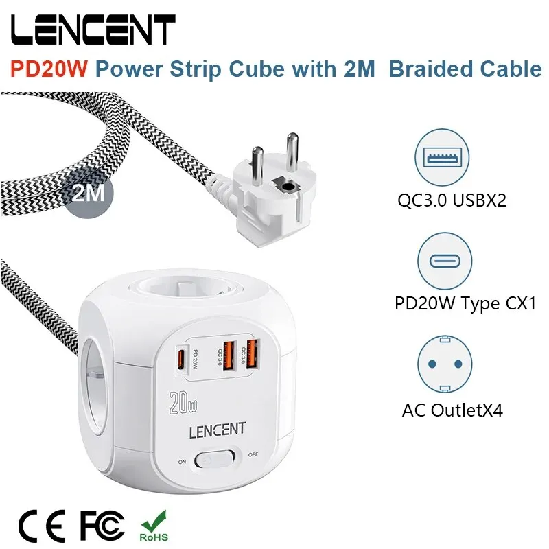 Cubo de tira de alimentação Lencent-EU, 4 entradas AC, 2 QC3.0 USB + 1, PD20W, Tipo C, 2m, cabo trançado, carregador rápido com interruptor para casa