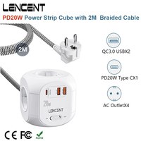 LENCENT EU Plug Power Strip Cube with 4 AC Outlet +2 QC3.0 USB +1 PD20W TypeC 2M Braided Cable Fast Charger with Switch for Home