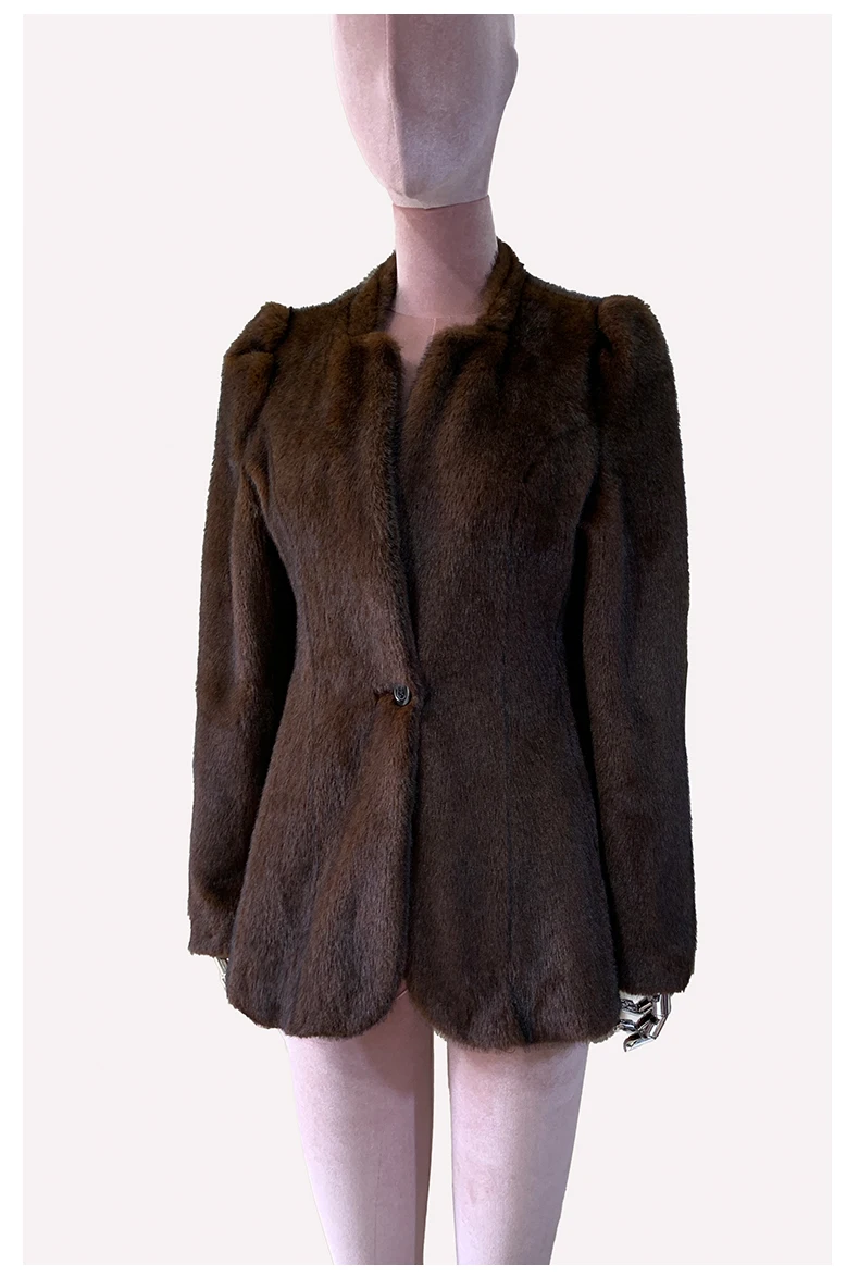 Nerazzurri Winter Short Brown Thick Warm Soft Fitted Faux Mink Fur Coat Women Single Button Elegant Luxury Chic Fluffy Jacket
