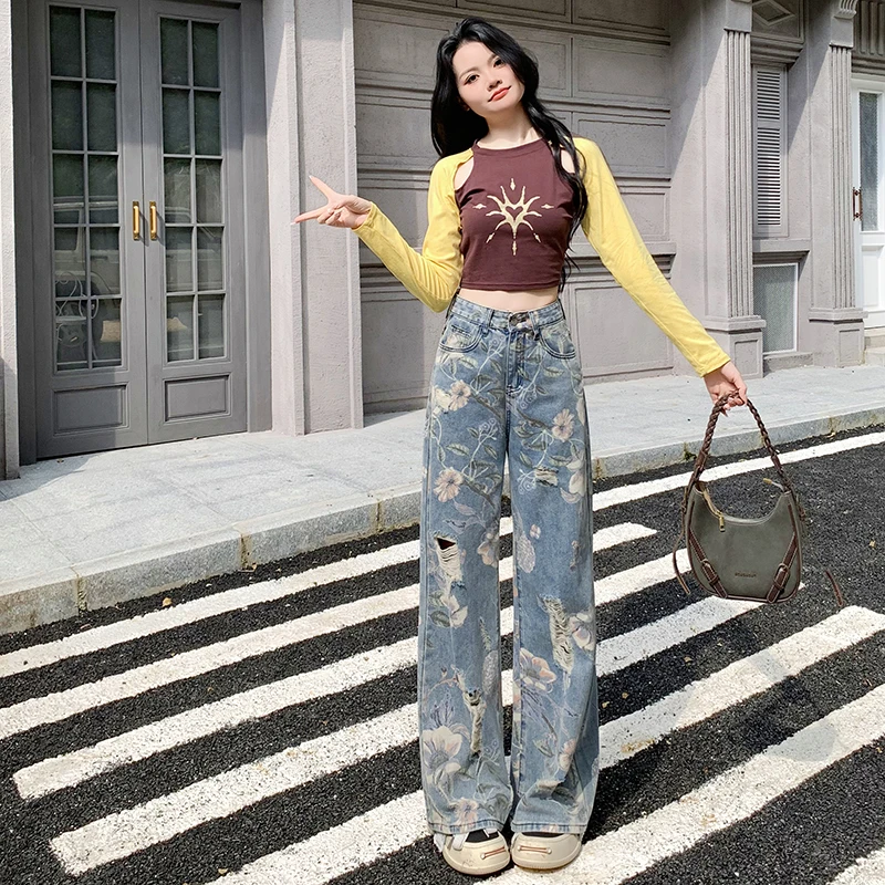 Jean Y2k pour femme, imprimé rétro américain, déchiré, ample, jambe droite, longueur au sol, Streetwear, nouvelle collection été 2025