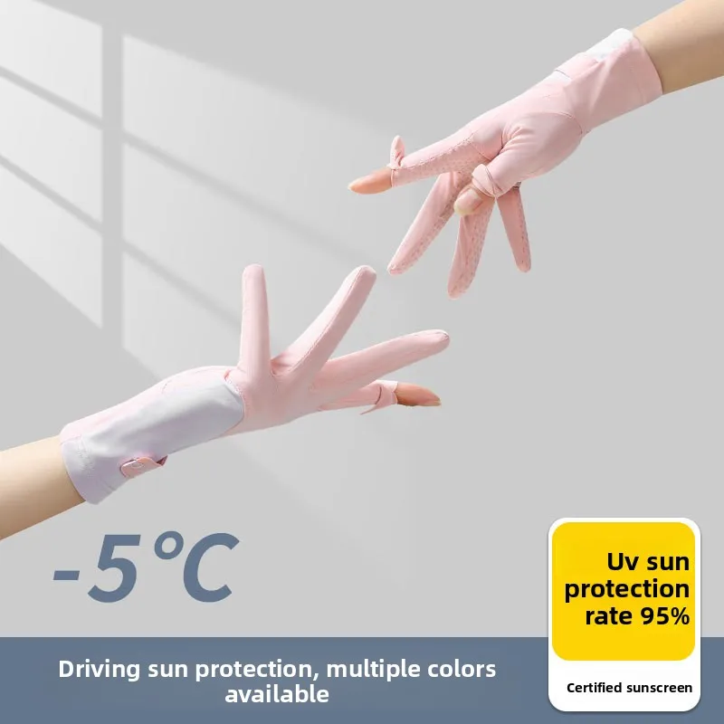 قفازات نسائية واقية من الشمس من الحرير الجليدي - قفازات رفيعة غير قابلة للانزلاق بدون أصابع للحماية من الأشعة فوق البنفسجية لركوب الدراجات والرياضة