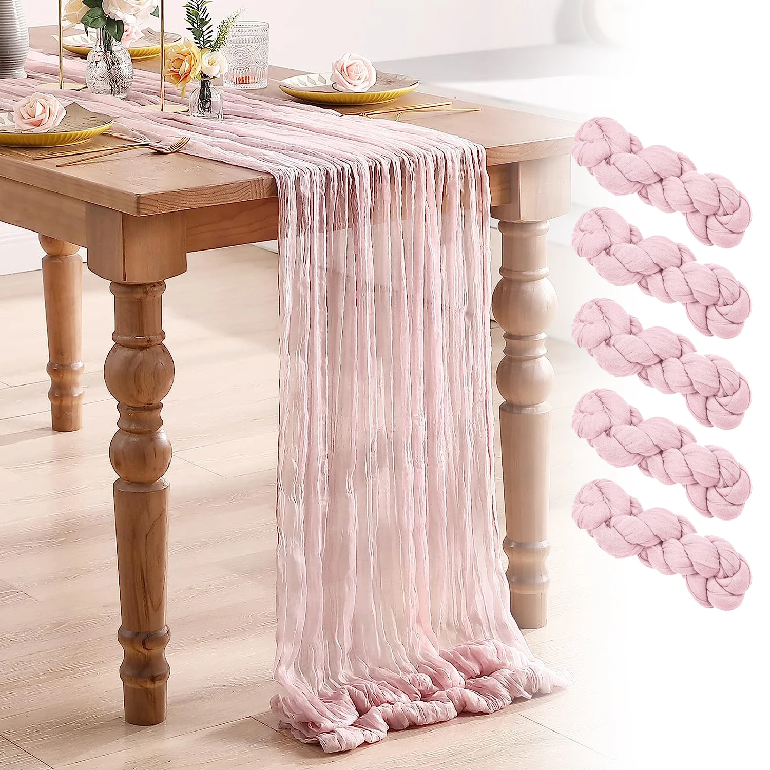 5PCS Semi-Sheer Gauze Pink Wedding Table Runner Vintage Cheesecloth Dining Party Christmas Banquets Arches Cake Table Decor