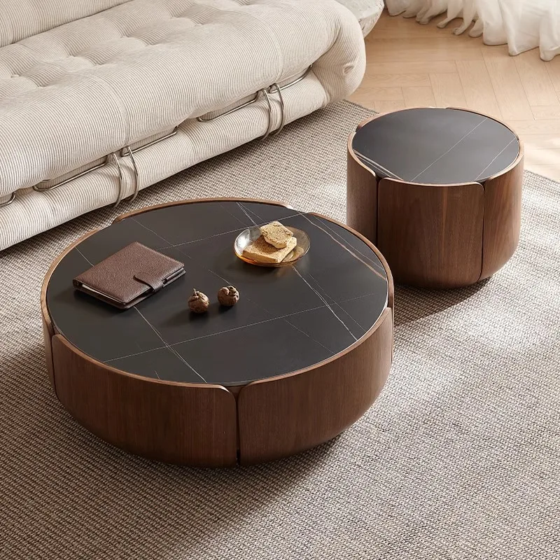 

Minimalist small apartment living room light luxury round petal creative solid wood rock slab coffee table combination walnut