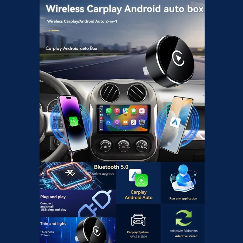 B92B-USB Dongle 2In1 Wireless Carplay Adapter For Android Auto Smart Carplay AI Box Plug And Play Wired To Wireless