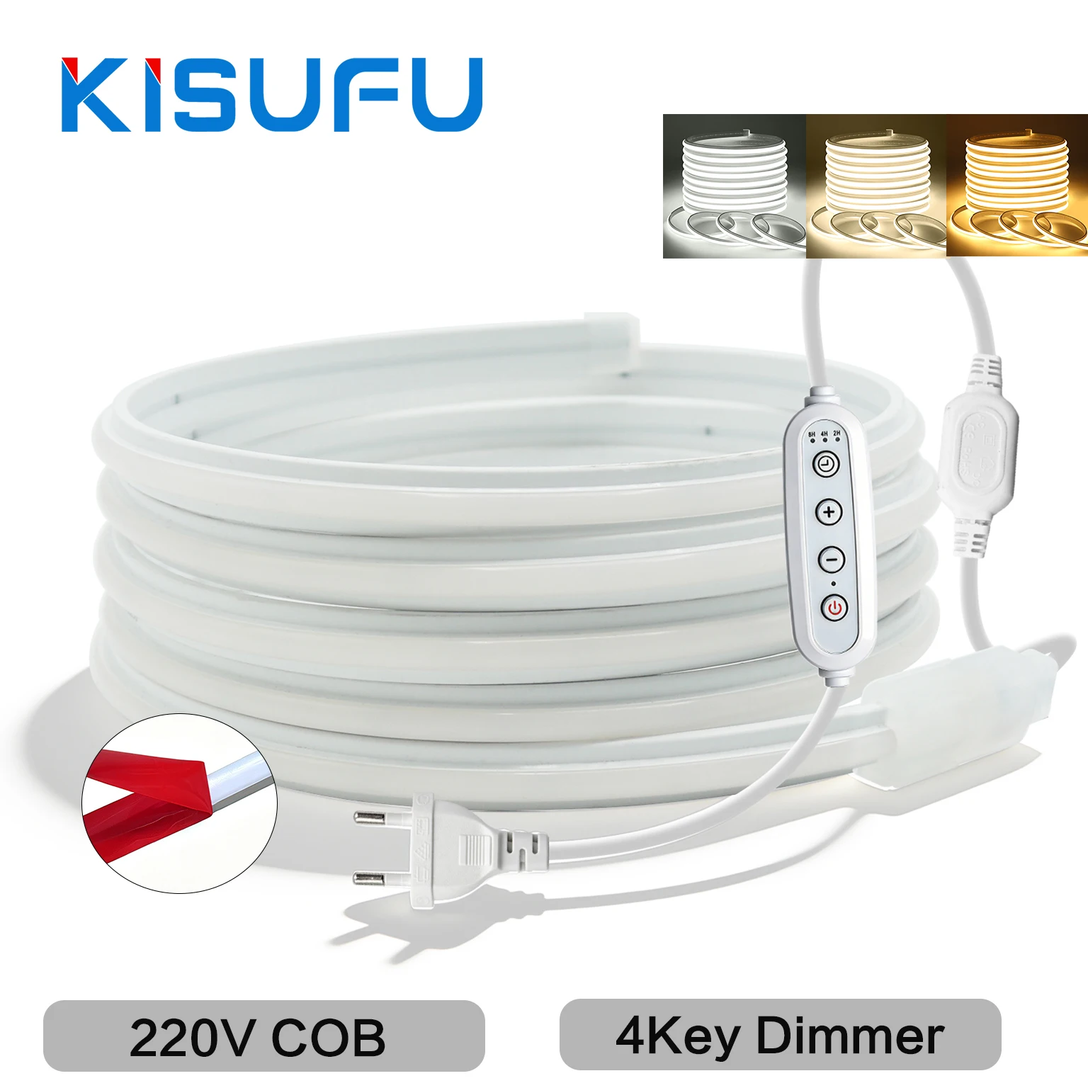 Dimmable 220V COB LED Adhesive Strip IP65 With Dimmer EU/UK/AU Plug High Bright 240LED/M White Warm Natural Outdoor Indoor Decor