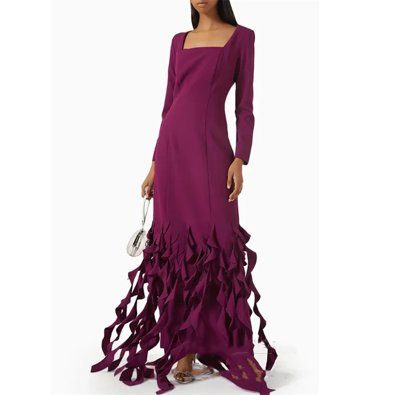 Kwastje paarse avondjurk op maat vierkante hals lange mouwen vloerlengte rugsplit formele gelegenheidsjurken Arabische galajurken