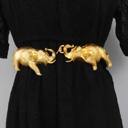 Women's Fashion Black Genuine Leather Gold Elephant corset Female Cummerbund Coat Waistband Dress Decration Wide Belt J006