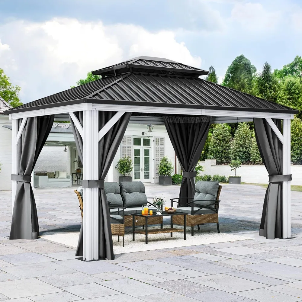 White Gazebo 10x12ft Hardtop Double Roof Canopy Galvanized Iron Aluminum Frame Outdoor Gazebo with Netting and Shaded Curtain