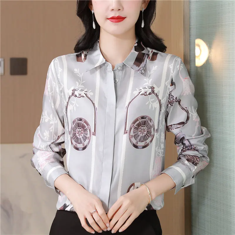 

Silk WomenPrinted French Shirt Spring And Autumn New British Style Casual