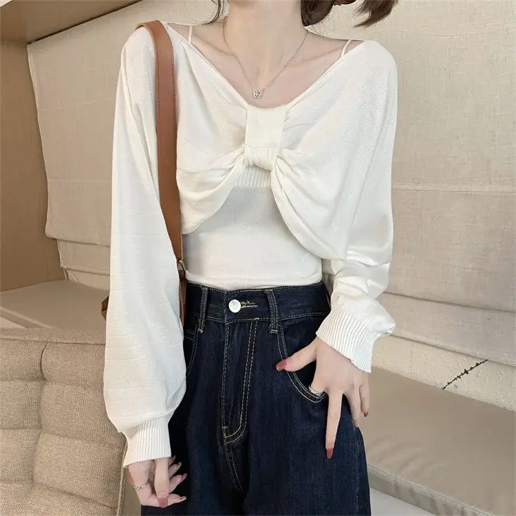 Autumn Winter Casual Sexy Sweet Pullover Women's Loose Gentle Versatile Warm Button Bow Tops Sweater One Shoulder Camisole