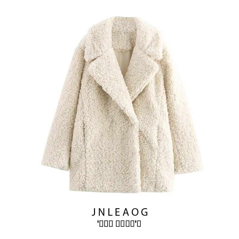 

JNLEAOG Autumn New Faionable Versatile Artificial Fur Effect Coat Women's Stand Fit Polyester Long Sve Button up Jaet