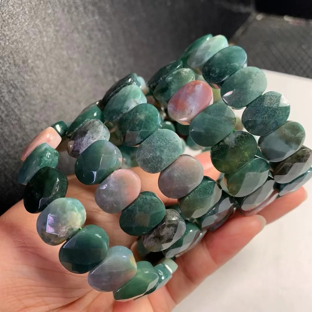 1Pc Fengbaowu Natural Indian Agate Bracelet Bangle Oval Faceted Beads Crystal Reiki Healing Stone Fashion Jewelry Gift Women Men