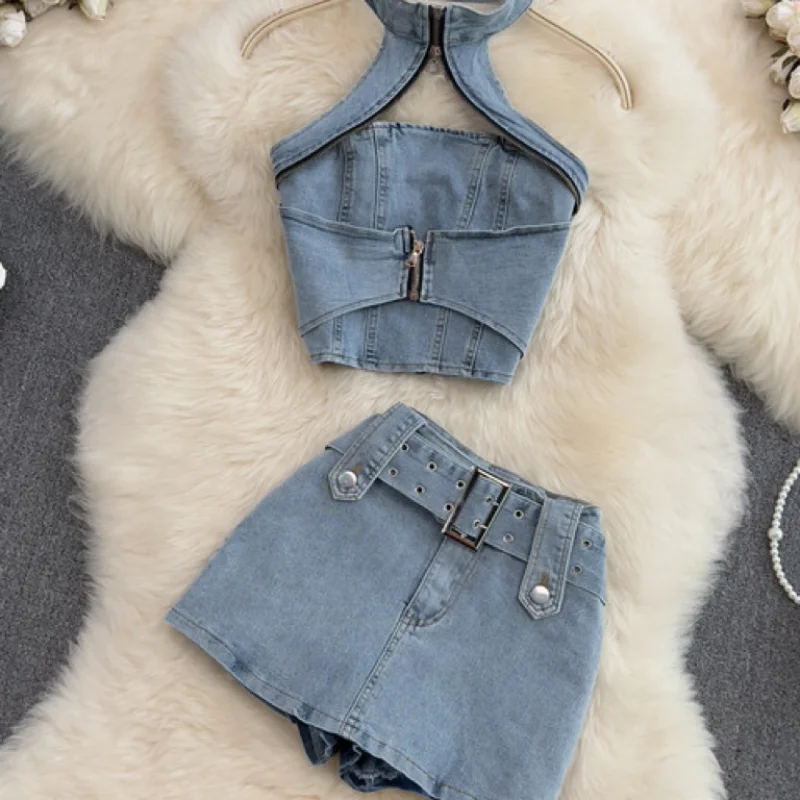 Denim Kurzen Rock Set Open Back Spicy Mädchen Frühling Sommer Neue Vintage Hängenden Hals Sexy Party Kurze Top Hälfte Zwei stück Set