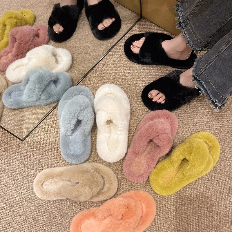 Pantofole di pelliccia spessa di una parola di moda di lusso pantofole di pelliccia doppia scarpe di cotone per la casa Casual pantofole piatte con