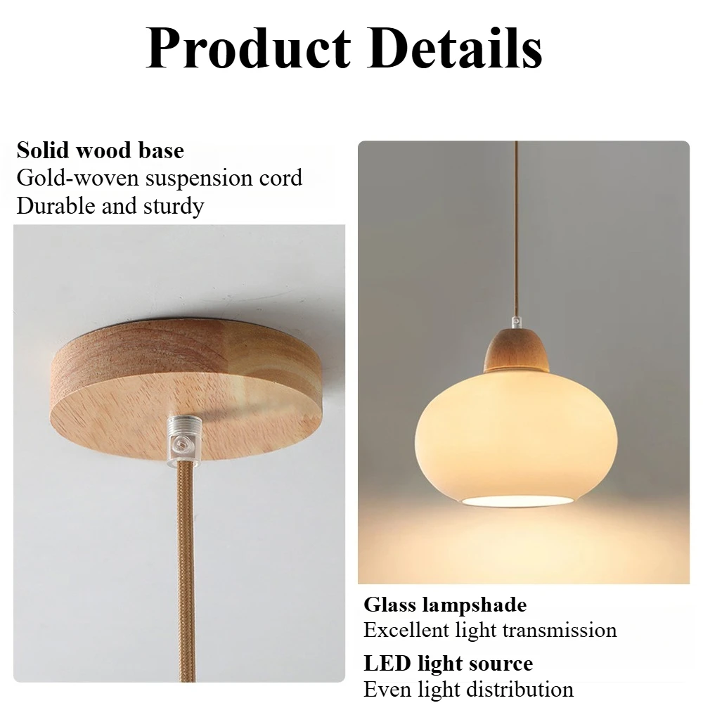 ضوء قلادة بارتفاع قابل للتعديل مع غطاء زجاجي وقاعدة خشبية، مصباح معلق ياباني ثلاثي الألوان قابل للتعتيم لجزيرة المطبخ