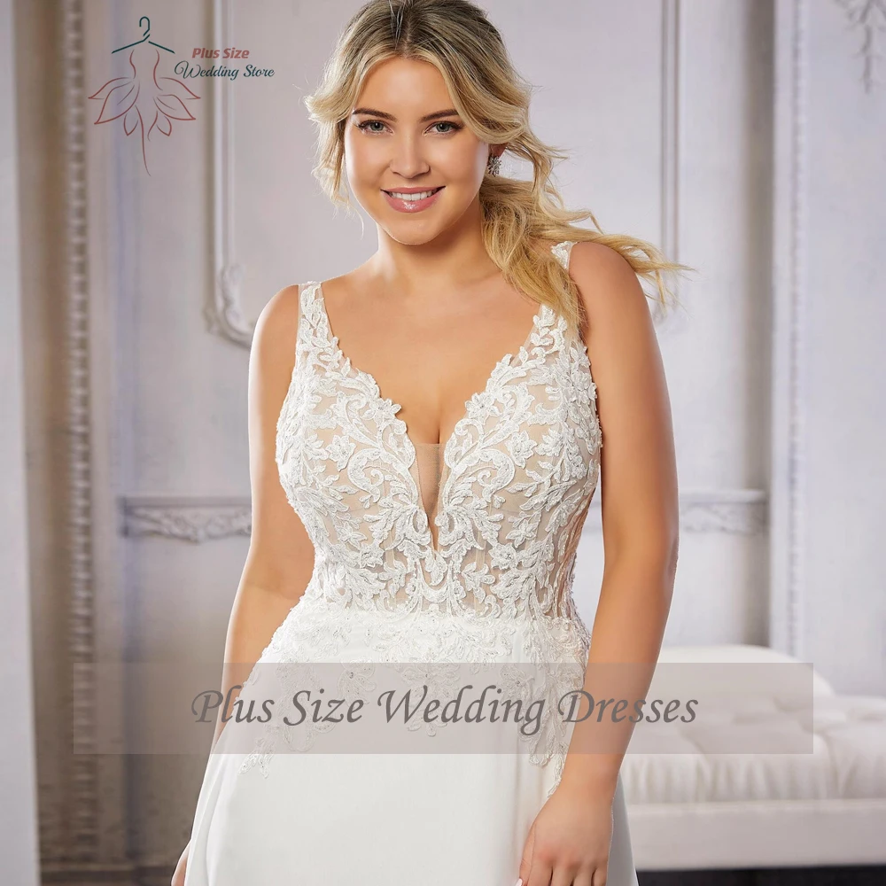 Customized Wedding Dresses Plus Size Spaghetti Straps V Neck Bride Gowns Appliques Sweep Train Front Slit Chiffon Vestido De