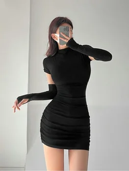 Image Women's Tight Hip Wrap Mini Dress with Sleeves Spicy Girls Slim Dresses Bodycon Party Clothing Sexy Summer