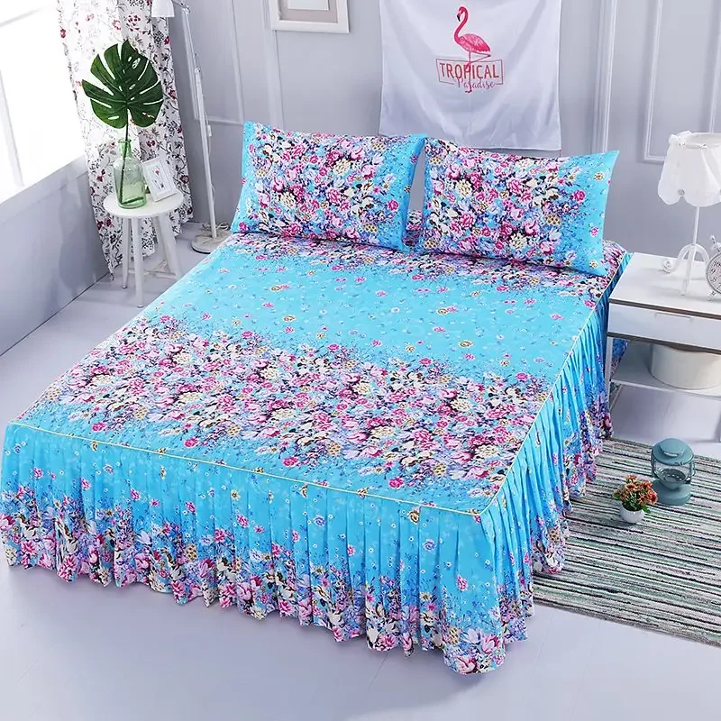 Bed Sheet Set Flower Bedspread - Non-Slip Bed Dress Sheet for King/Queen Size (1.5M/1.8M/2M) Beds Soft Home Bedding Cover