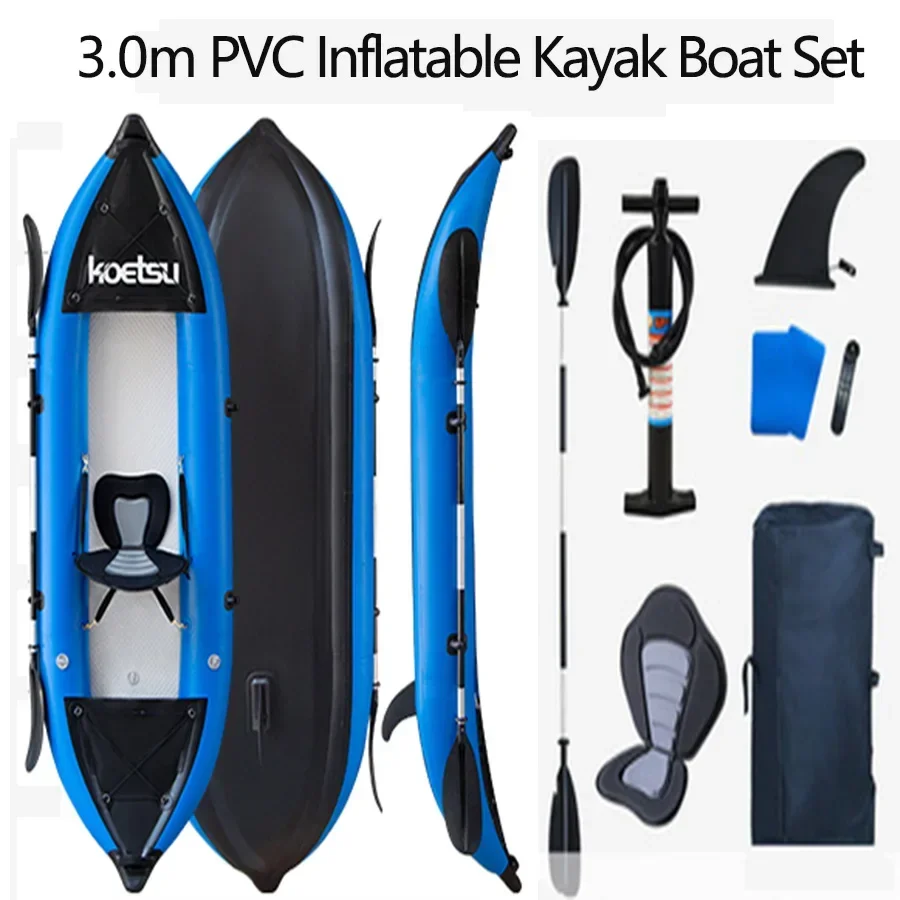 KOETSU 1-2 persone Gonfiabile PVC Kayak Pesca Canoa Gommone 3.0/3.7 M Singolo/Doppio Kayak Barche per Rafting Sport acquatici