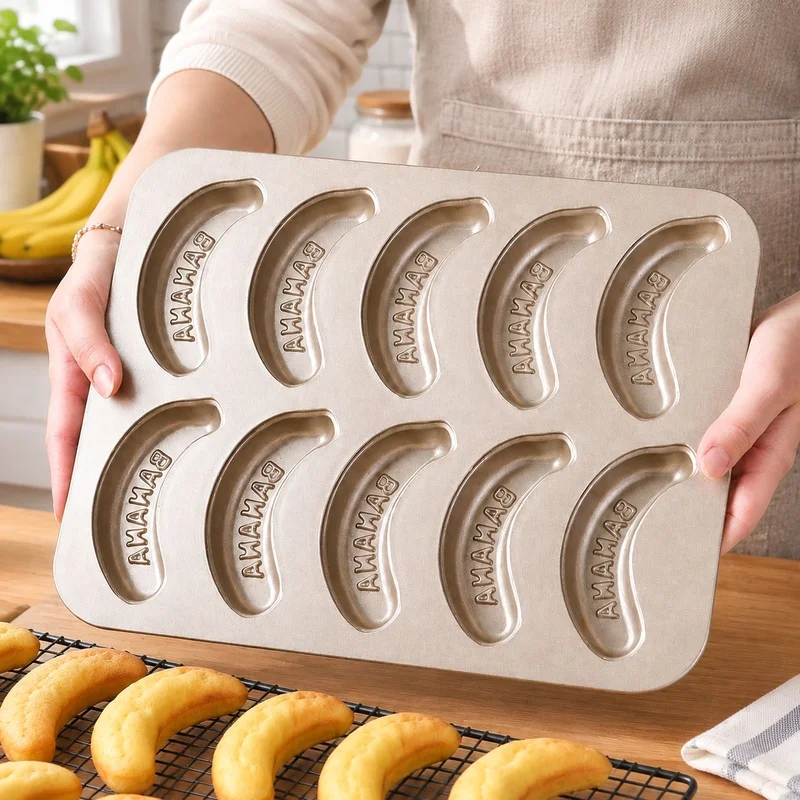 Carbon Steel Muffin and Banana Cake Mold with 10 Nonstick Cavities for Homemade Baking