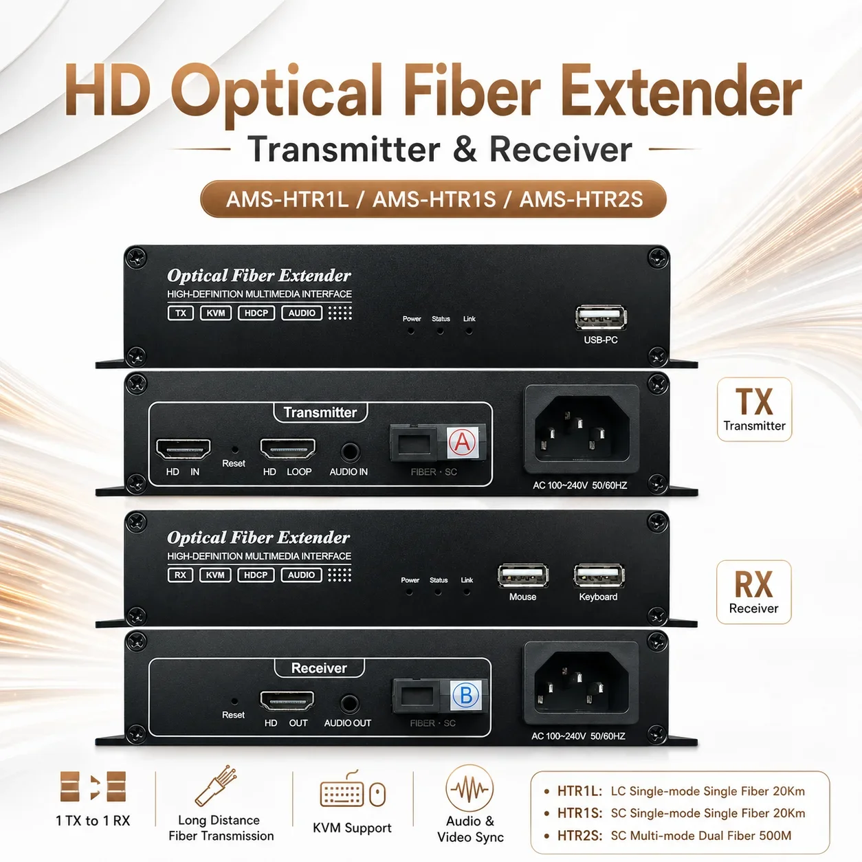 Amoonsky 4K 1080P High Definition Multimedia Inter face Extender Over Single Mode Fiber 20KM to 300M in Multi-Mode Support KVM