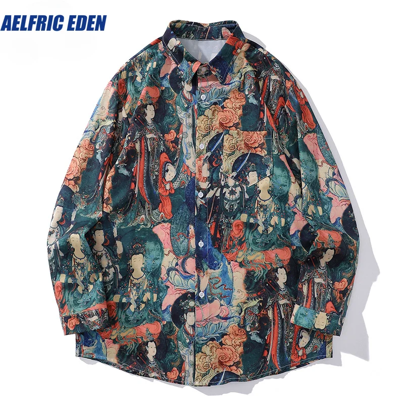 Aelfric Eden Men Streetwear Multi Chinese Ancient Graffiti Long Sleeve Shirts Vintage Oversized Lapel Button Shirt Autumn Unisex