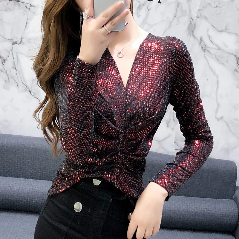 Spring New Women's Slim Fit Long Sleeve T-Shirt Shiny Sequin under Shirt Base Layer Top V Neck  Color Commute Style