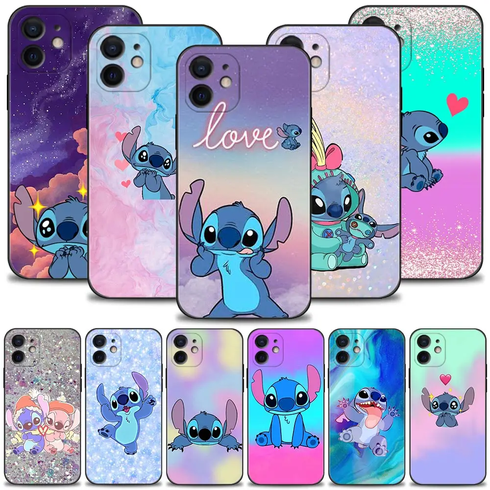 Case For Apple iPhone 14 13 11 12 Pro Max XR X 8 Plus XS 13mini Cover Silicon Shell Bling Rainbow Color Cute Stitch