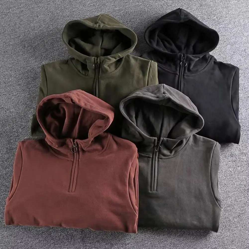 

Soft Hoodie Thickened Hooded Men's Winter Hoodie with Zipper Decor Elastic Cuff Big Pocket Warm Stylish Streetwear Long-sleeve