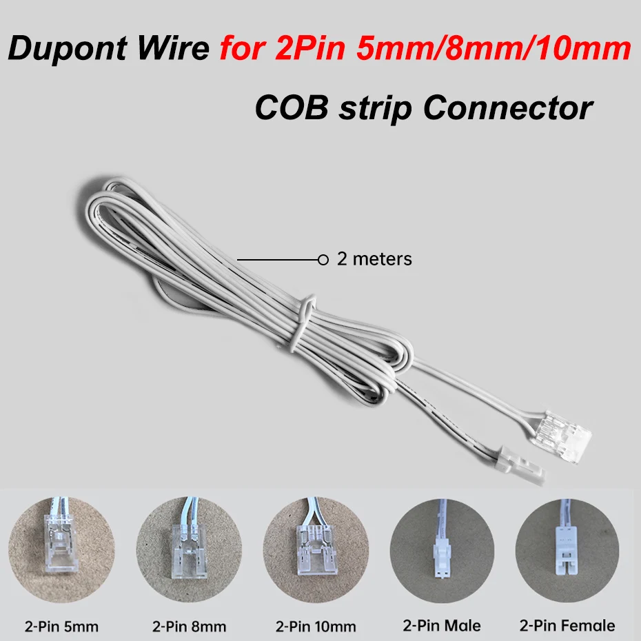 20 10 5Pcs 2m Wire to 2Pin 5mm 8mm 10mm COB LED Connector Ultra Thin Quick Connect Extension Cable for 12V 24V COB Strip