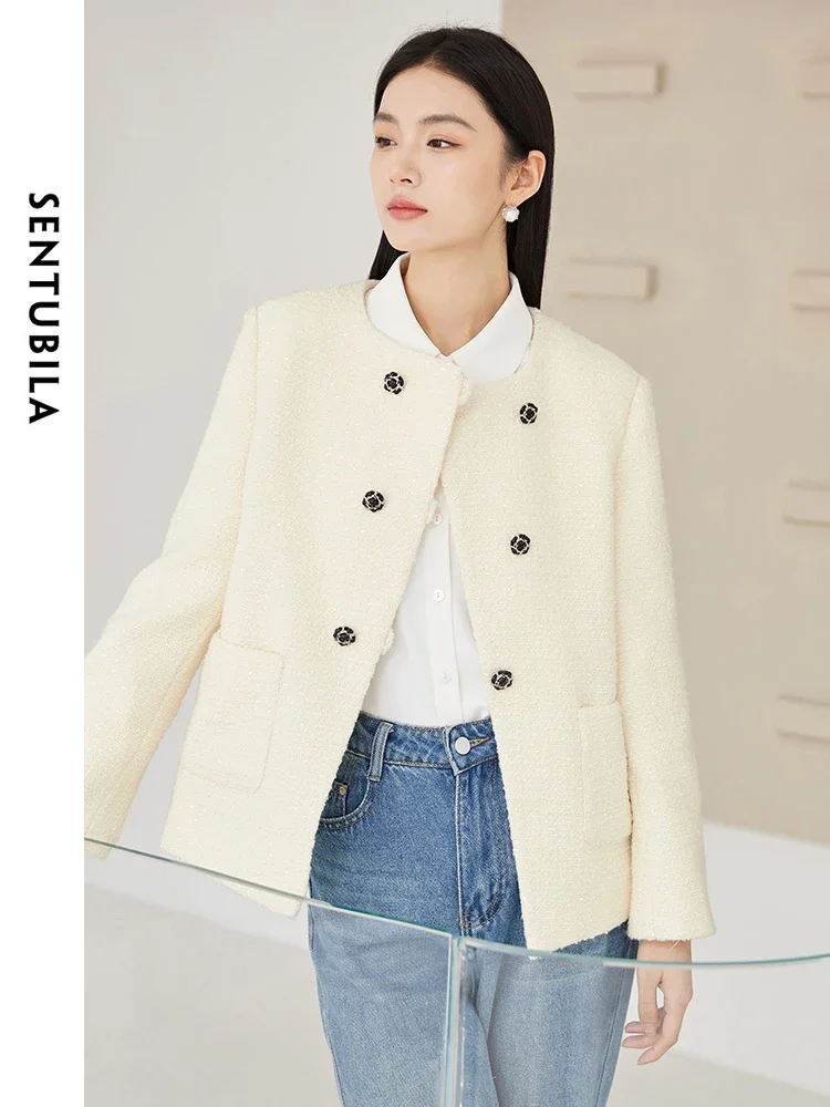 SENTUBILA Cropped Tweed Jacket Round Neck Double Breasted Loose Woolen Coat 2024 Spring Elegant Women\'s Outerwear 144W57982X