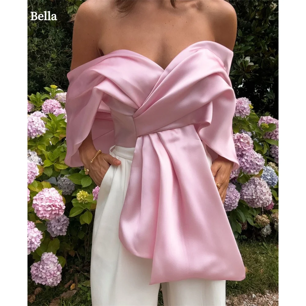 Bella Satin V-Ausschnitt Schleife Robes de Soirée Schulterfreie Falten Einfache Abendkleider Valentinstag Exquisites Hochzeitskleid