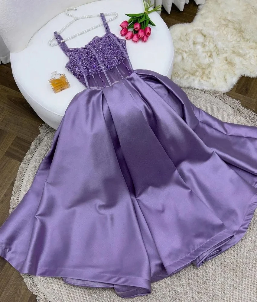 

Customized Sexy Satin A-Line Spaghetti Straps Sequined Beading Pearls Evening Dress High Quality Sleeveless Celebrity Gowns