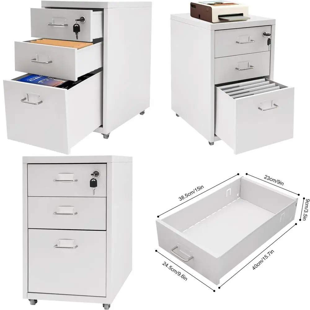 

Mobile Heavy-Duty Metal File Cabinet with Lock for Home Office, 3 Drawers, A4/Letter/Legal, White, Assembly Needed