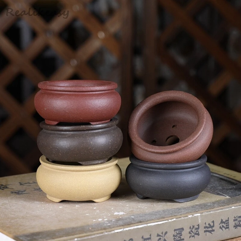 5Colors New Chinese Purple Clay Flower Pot Mini Round Breathable Simple Decorative Bonsai Pot Home Succulent Flower Pot LJ445