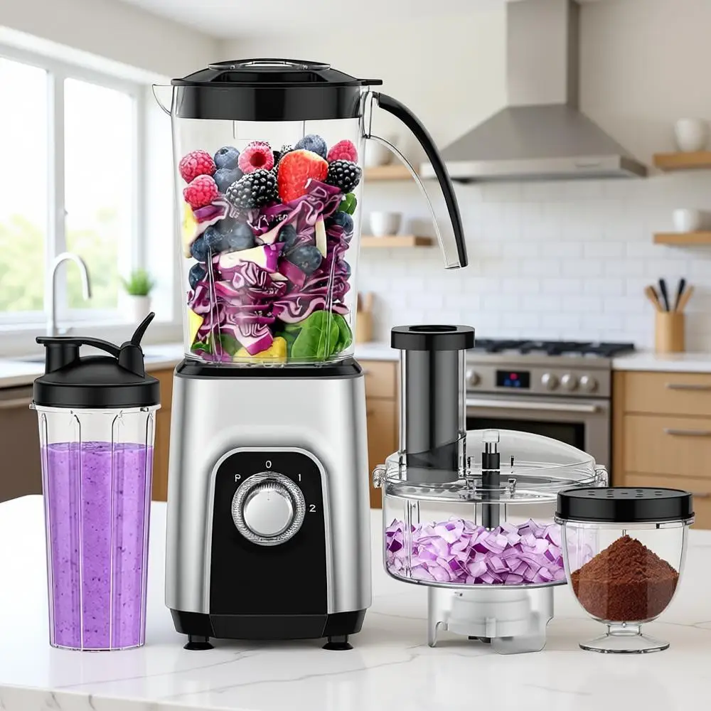 

All-in-One Kitchen System: 1000W Blender, 34oz Pitcher, 22oz Cup, Meat & Veggie Grinder, Spice Mill, BPA-Free