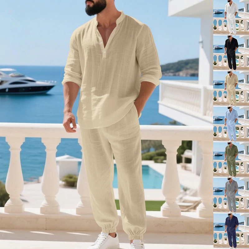 

Autumn American Style Loose Linen Suit Hawaiian Home Commuting Thin Henley Shirt Long Sleeve Long Pants Set